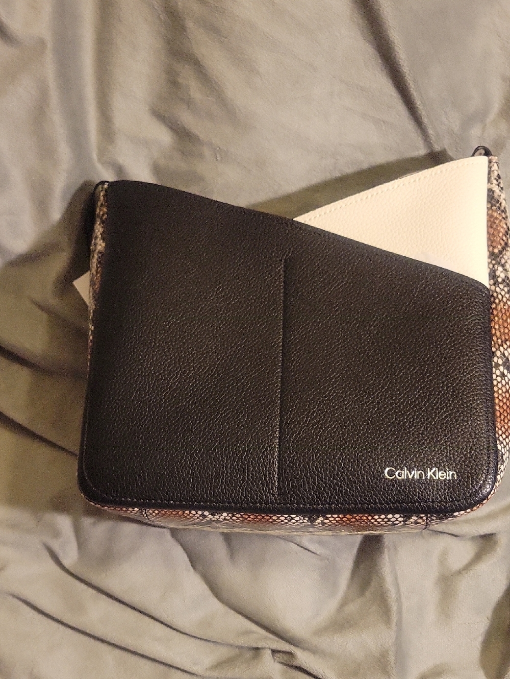 Calvin Klein Black & White Colorblock Shoulder Bag with Snakeskin Trim